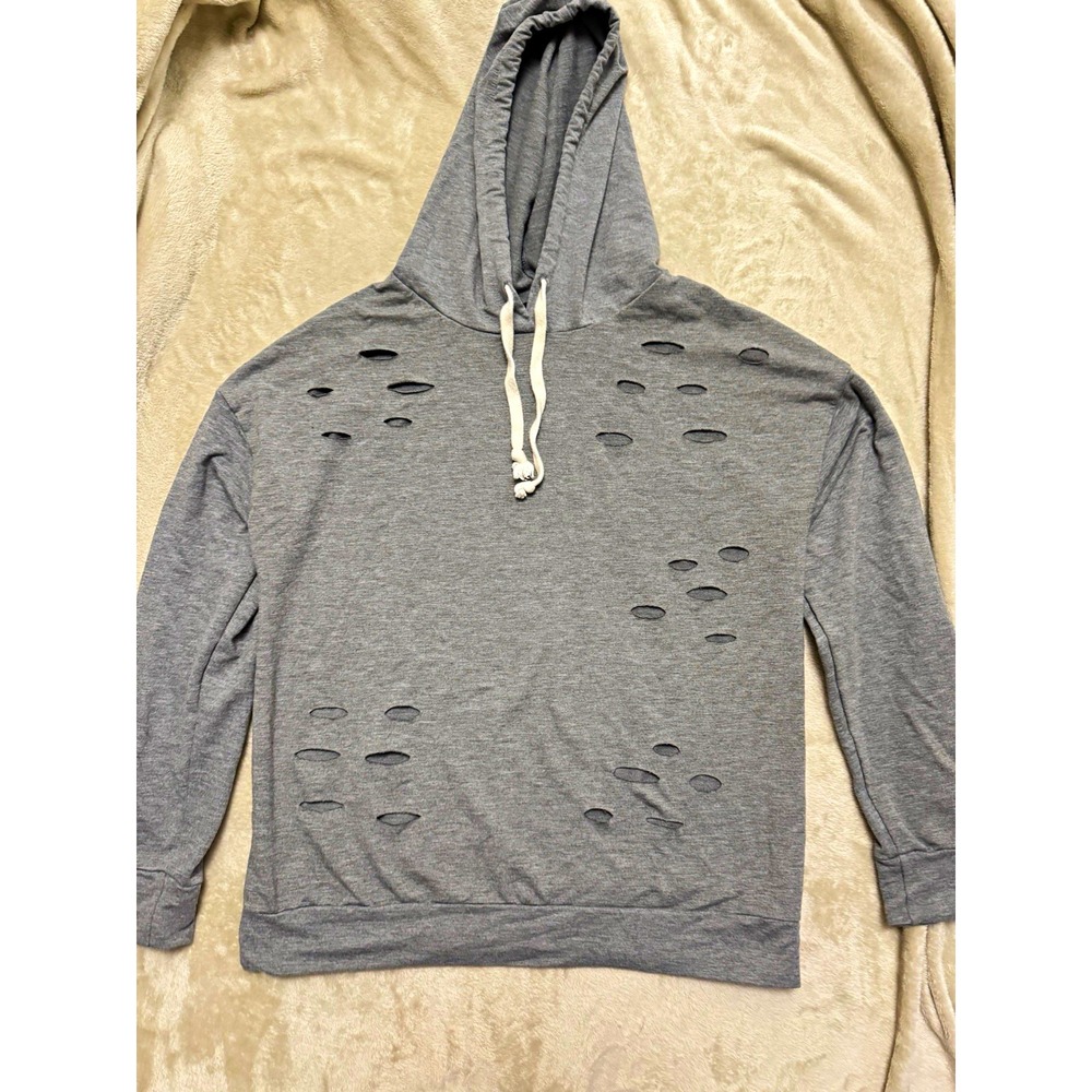 Cleo Unisex Pullover Hoodie Gray Distressed Drawstring Hood L Poly/Spandex